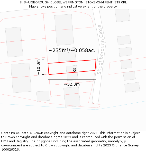 8, SHUGBOROUGH CLOSE, WERRINGTON, STOKE-ON-TRENT, ST9 0PL: Plot and title map