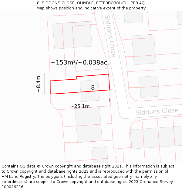 8, SIDDONS CLOSE, OUNDLE, PETERBOROUGH, PE8 4QJ: Plot and title map