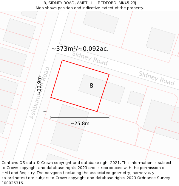 8, SIDNEY ROAD, AMPTHILL, BEDFORD, MK45 2RJ: Plot and title map