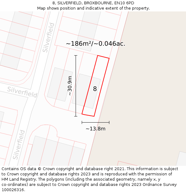 8, SILVERFIELD, BROXBOURNE, EN10 6PD: Plot and title map