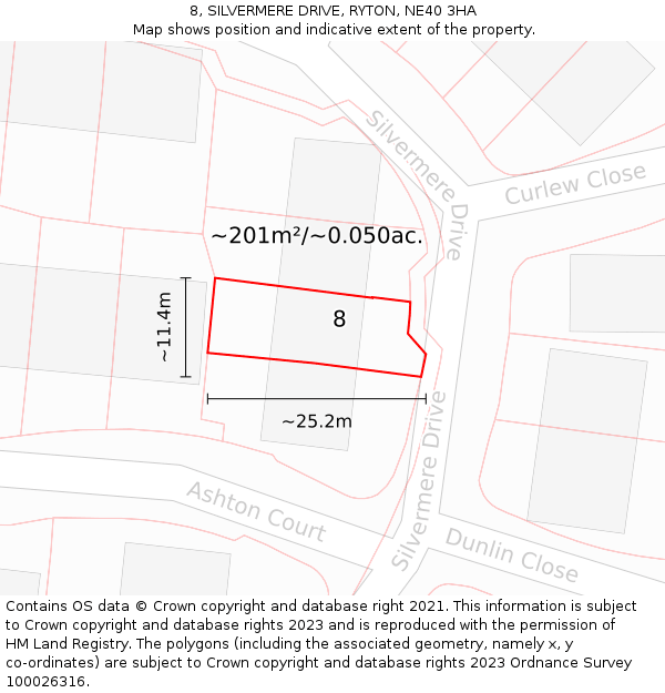 8, SILVERMERE DRIVE, RYTON, NE40 3HA: Plot and title map