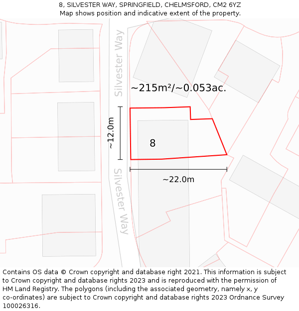 8, SILVESTER WAY, SPRINGFIELD, CHELMSFORD, CM2 6YZ: Plot and title map