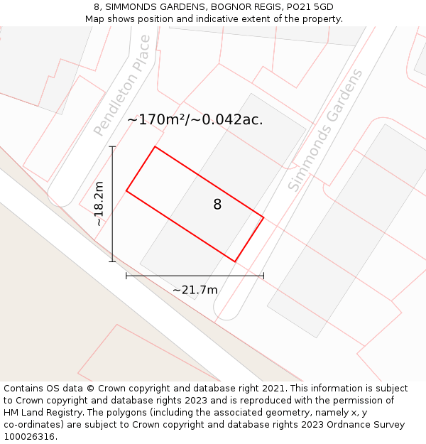 8, SIMMONDS GARDENS, BOGNOR REGIS, PO21 5GD: Plot and title map