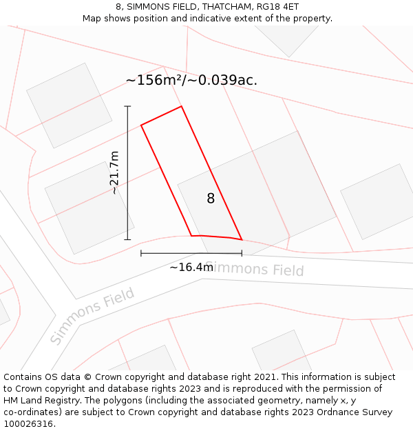 8, SIMMONS FIELD, THATCHAM, RG18 4ET: Plot and title map
