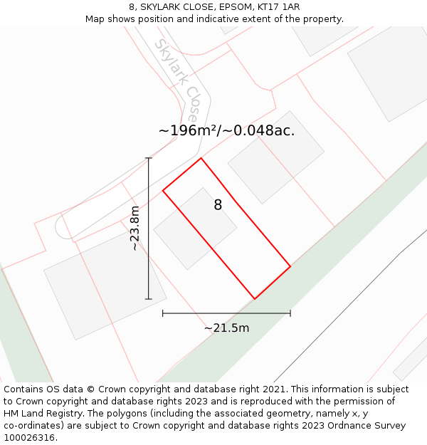 8, SKYLARK CLOSE, EPSOM, KT17 1AR: Plot and title map