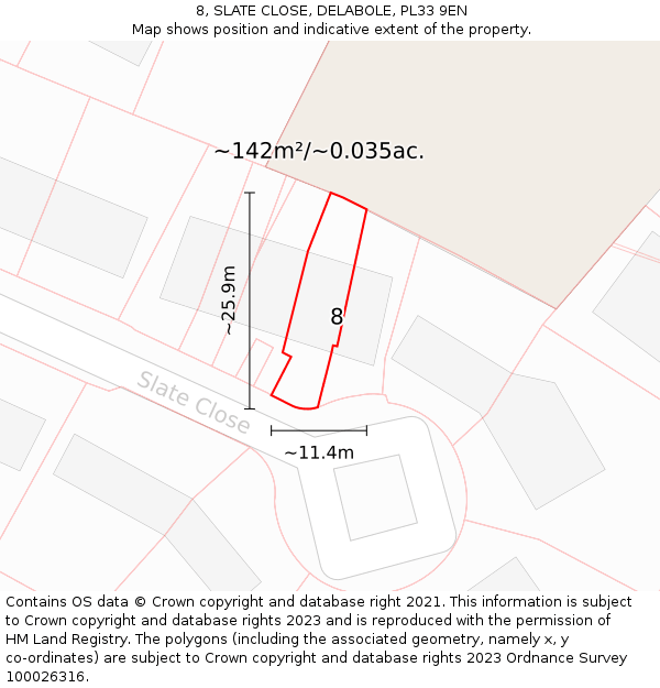 8, SLATE CLOSE, DELABOLE, PL33 9EN: Plot and title map
