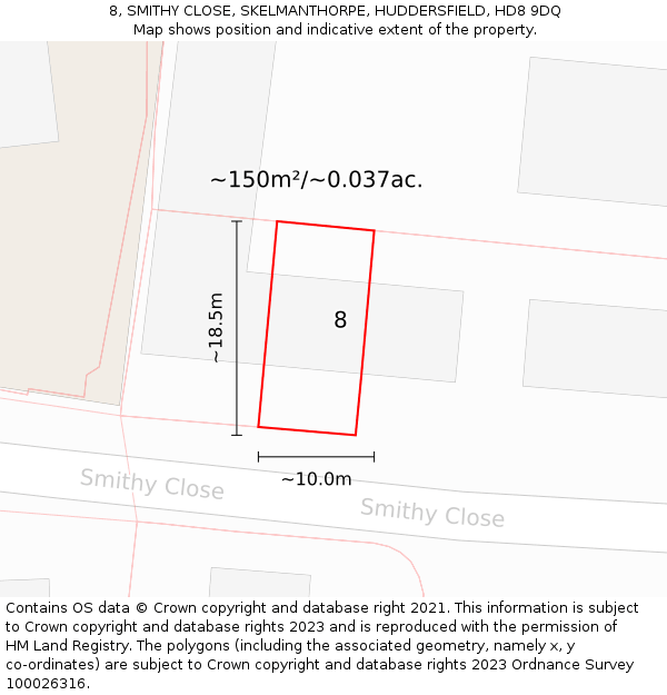 8, SMITHY CLOSE, SKELMANTHORPE, HUDDERSFIELD, HD8 9DQ: Plot and title map