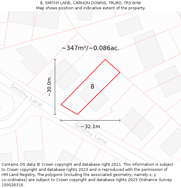 8, SMITHY LANE, CARNON DOWNS, TRURO, TR3 6HW: Plot and title map
