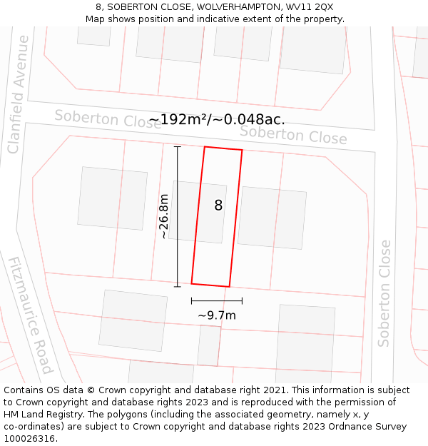 8, SOBERTON CLOSE, WOLVERHAMPTON, WV11 2QX: Plot and title map