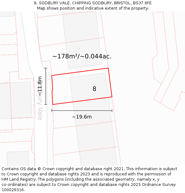 8, SODBURY VALE, CHIPPING SODBURY, BRISTOL, BS37 6FE: Plot and title map