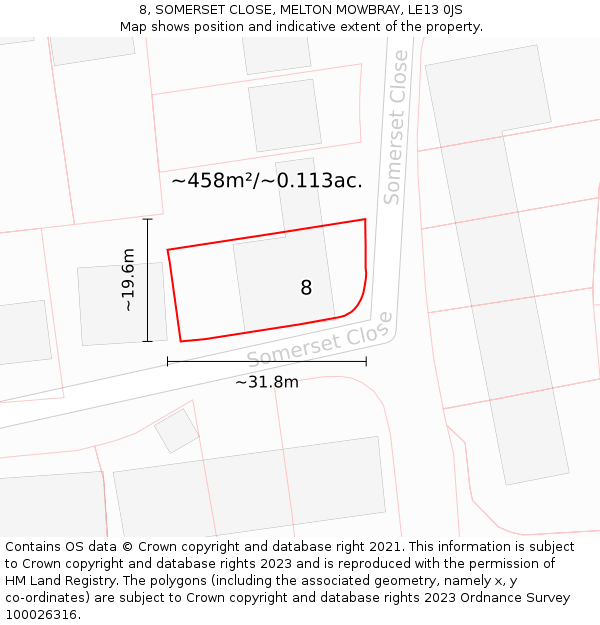 8, SOMERSET CLOSE, MELTON MOWBRAY, LE13 0JS: Plot and title map