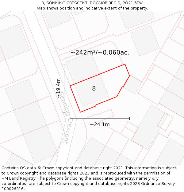8, SONNING CRESCENT, BOGNOR REGIS, PO21 5EW: Plot and title map