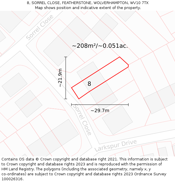 8, SORREL CLOSE, FEATHERSTONE, WOLVERHAMPTON, WV10 7TX: Plot and title map