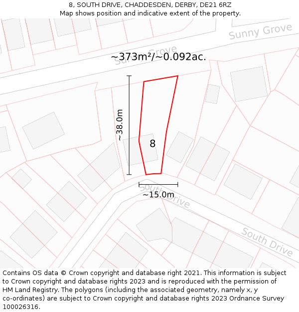 8, SOUTH DRIVE, CHADDESDEN, DERBY, DE21 6RZ: Plot and title map