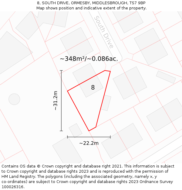 8, SOUTH DRIVE, ORMESBY, MIDDLESBROUGH, TS7 9BP: Plot and title map