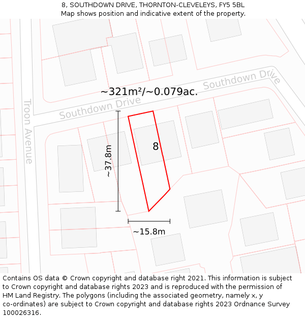 8, SOUTHDOWN DRIVE, THORNTON-CLEVELEYS, FY5 5BL: Plot and title map
