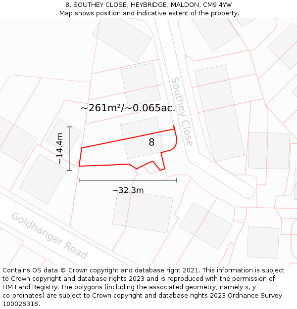 8, SOUTHEY CLOSE, HEYBRIDGE, MALDON, CM9 4YW: Plot and title map