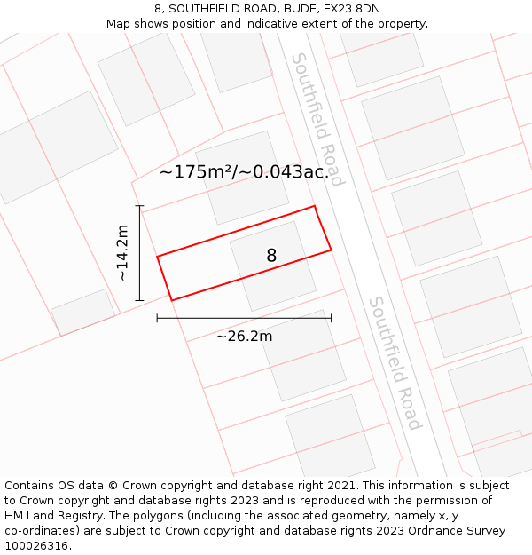 8, SOUTHFIELD ROAD, BUDE, EX23 8DN: Plot and title map