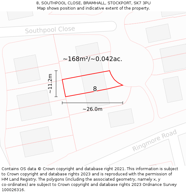8, SOUTHPOOL CLOSE, BRAMHALL, STOCKPORT, SK7 3PU: Plot and title map