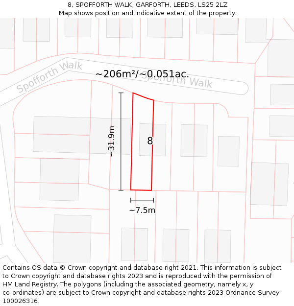 8, SPOFFORTH WALK, GARFORTH, LEEDS, LS25 2LZ: Plot and title map