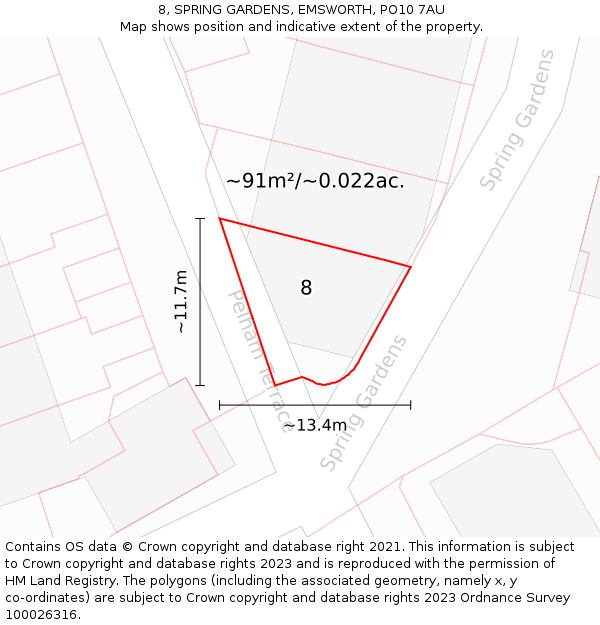 8, SPRING GARDENS, EMSWORTH, PO10 7AU: Plot and title map