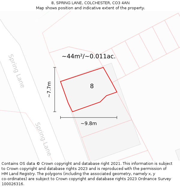 8, SPRING LANE, COLCHESTER, CO3 4AN: Plot and title map