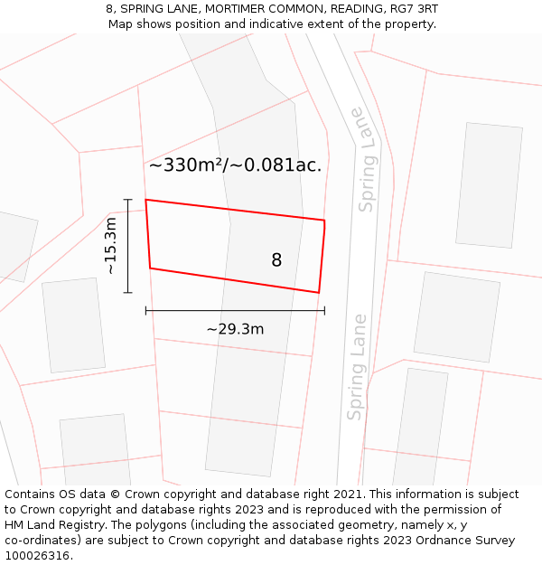 8, SPRING LANE, MORTIMER COMMON, READING, RG7 3RT: Plot and title map
