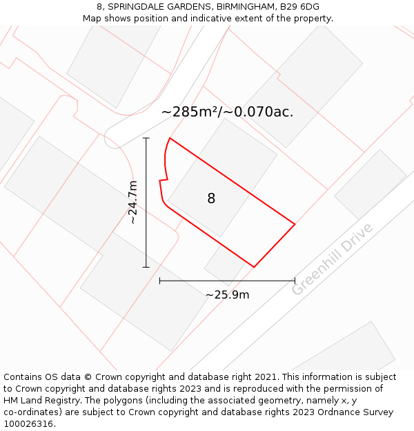 8, SPRINGDALE GARDENS, BIRMINGHAM, B29 6DG: Plot and title map