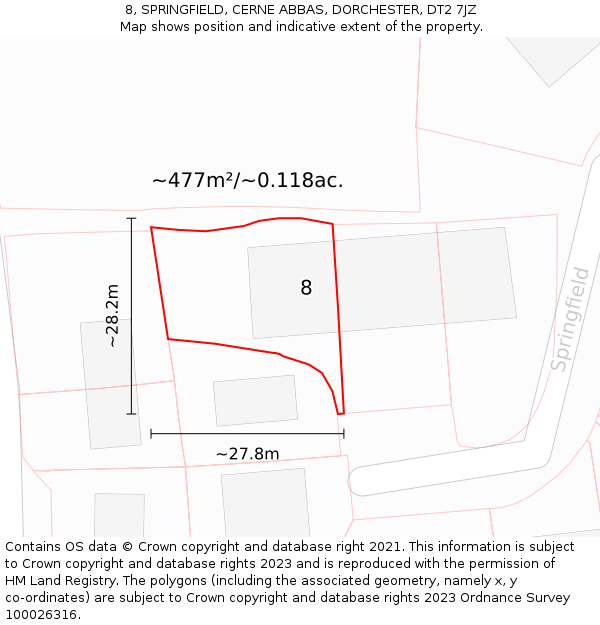 8, SPRINGFIELD, CERNE ABBAS, DORCHESTER, DT2 7JZ: Plot and title map