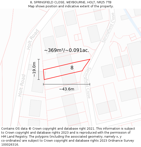 8, SPRINGFIELD CLOSE, WEYBOURNE, HOLT, NR25 7TB: Plot and title map