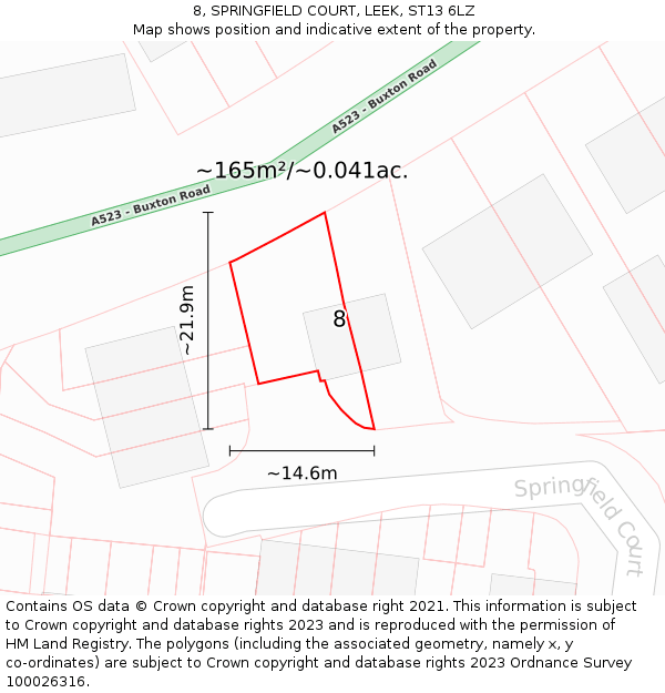 8, SPRINGFIELD COURT, LEEK, ST13 6LZ: Plot and title map