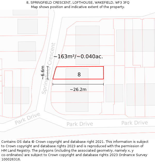 8, SPRINGFIELD CRESCENT, LOFTHOUSE, WAKEFIELD, WF3 3FQ: Plot and title map