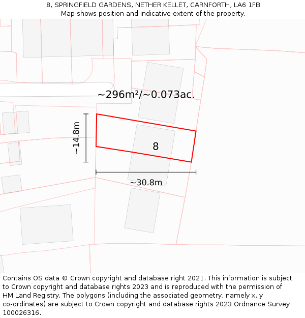 8, SPRINGFIELD GARDENS, NETHER KELLET, CARNFORTH, LA6 1FB: Plot and title map