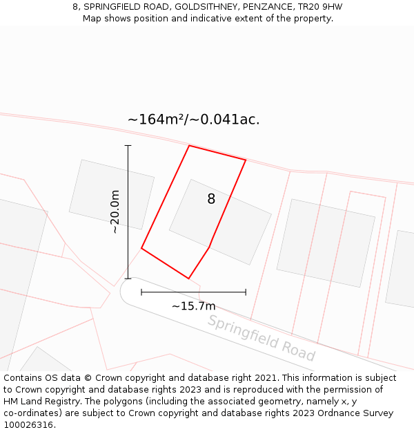 8, SPRINGFIELD ROAD, GOLDSITHNEY, PENZANCE, TR20 9HW: Plot and title map