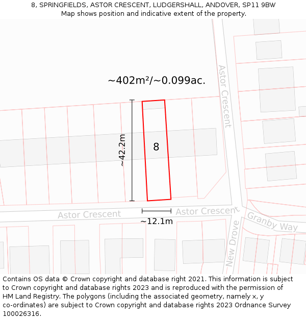 8, SPRINGFIELDS, ASTOR CRESCENT, LUDGERSHALL, ANDOVER, SP11 9BW: Plot and title map