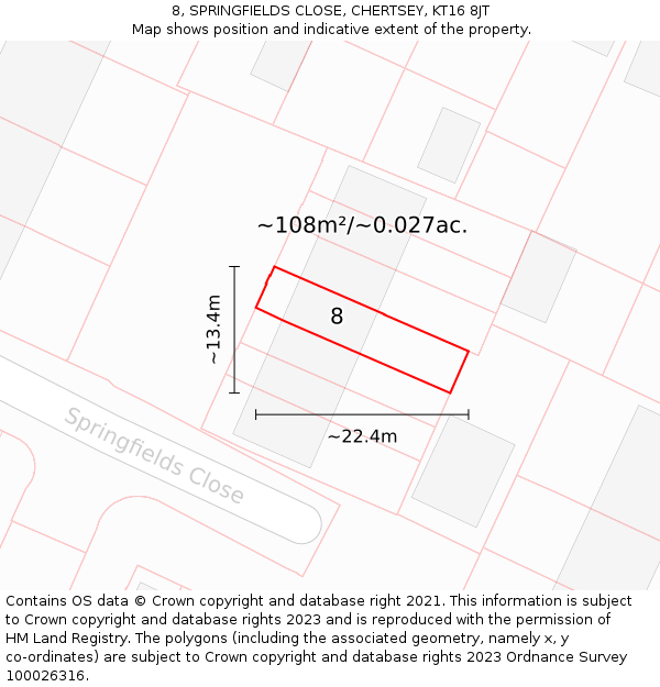 8, SPRINGFIELDS CLOSE, CHERTSEY, KT16 8JT: Plot and title map