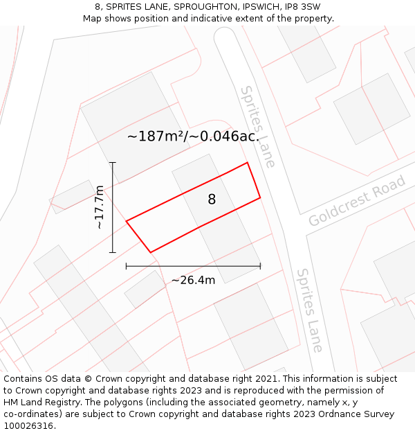 8, SPRITES LANE, SPROUGHTON, IPSWICH, IP8 3SW: Plot and title map