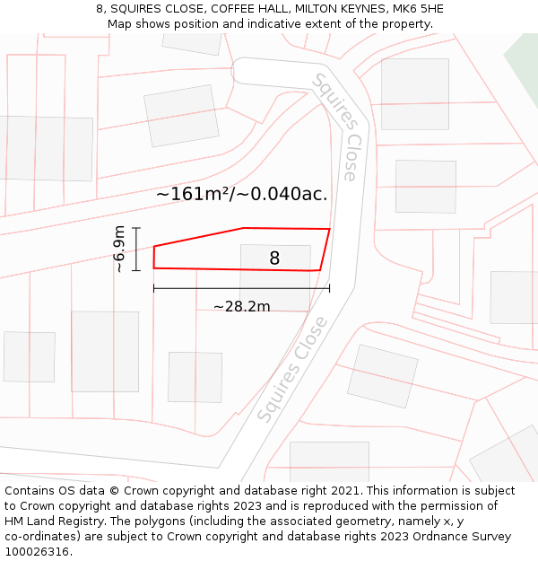 8, SQUIRES CLOSE, COFFEE HALL, MILTON KEYNES, MK6 5HE: Plot and title map