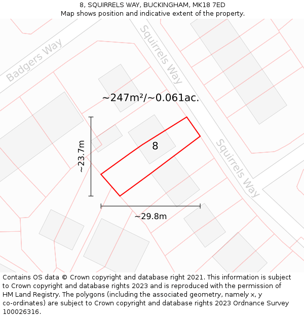 8, SQUIRRELS WAY, BUCKINGHAM, MK18 7ED: Plot and title map