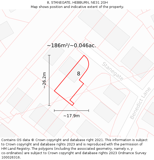 8, STANEGATE, HEBBURN, NE31 2GH: Plot and title map