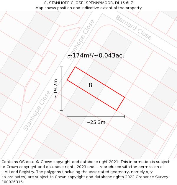 8, STANHOPE CLOSE, SPENNYMOOR, DL16 6LZ: Plot and title map