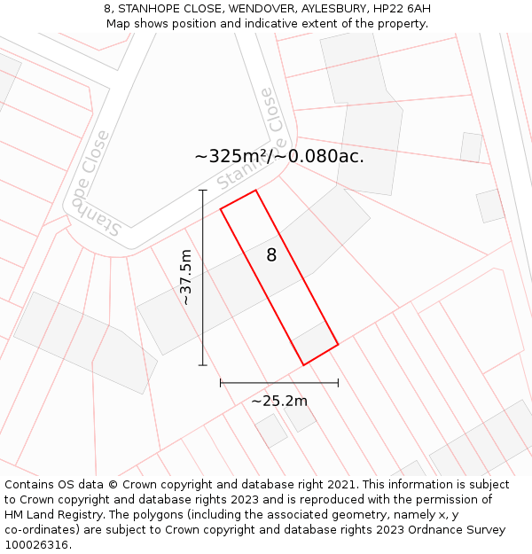 8, STANHOPE CLOSE, WENDOVER, AYLESBURY, HP22 6AH: Plot and title map