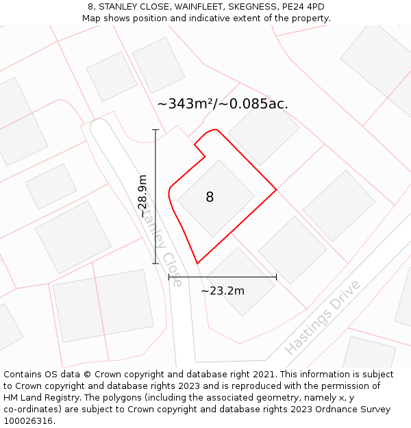 8, STANLEY CLOSE, WAINFLEET, SKEGNESS, PE24 4PD: Plot and title map
