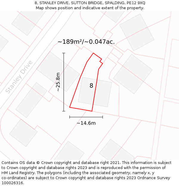 8, STANLEY DRIVE, SUTTON BRIDGE, SPALDING, PE12 9XQ: Plot and title map
