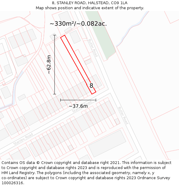 8, STANLEY ROAD, HALSTEAD, CO9 1LA: Plot and title map