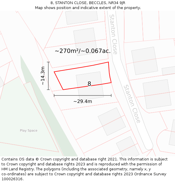 8, STANTON CLOSE, BECCLES, NR34 9JR: Plot and title map