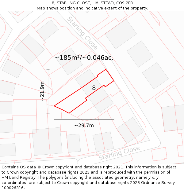 8, STARLING CLOSE, HALSTEAD, CO9 2FR: Plot and title map