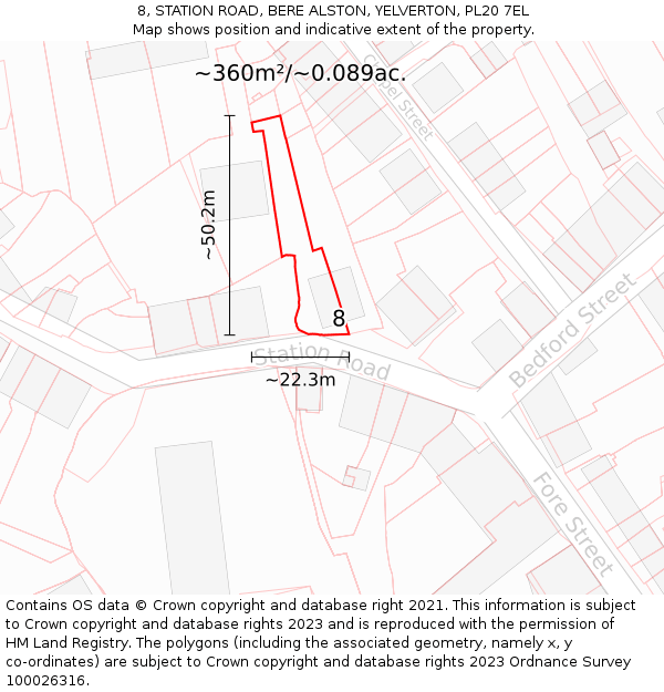 8, STATION ROAD, BERE ALSTON, YELVERTON, PL20 7EL: Plot and title map