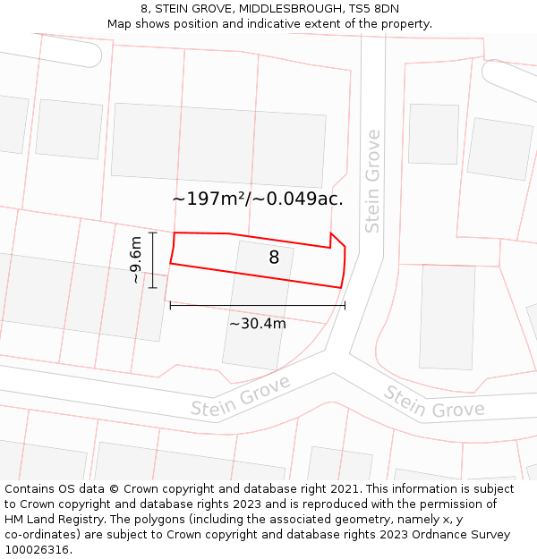 8, STEIN GROVE, MIDDLESBROUGH, TS5 8DN: Plot and title map