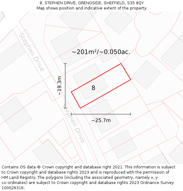 8, STEPHEN DRIVE, GRENOSIDE, SHEFFIELD, S35 8QY: Plot and title map